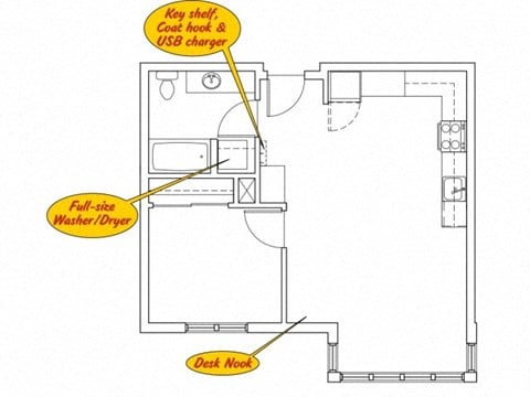 Floor plan for 1 bed, 1 bath, 621 sqft